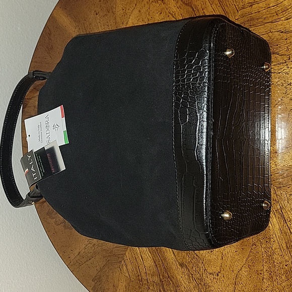 ISADORA Made in Italy Genuine Suede, Croco Trim Bucket Bag, Black NWT - Picture 9 of 14